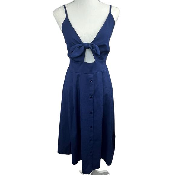 Yidarton Navy Blue Tie Front Summer Tank Midi Dress Size M Smocked Back - Picture 1 of 14